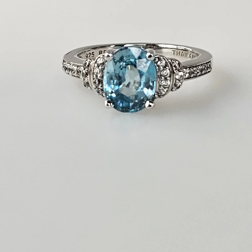 Genuine Blue & White Zircon Ring Sterling Silver Size 6.5 - Picture 6 of 11